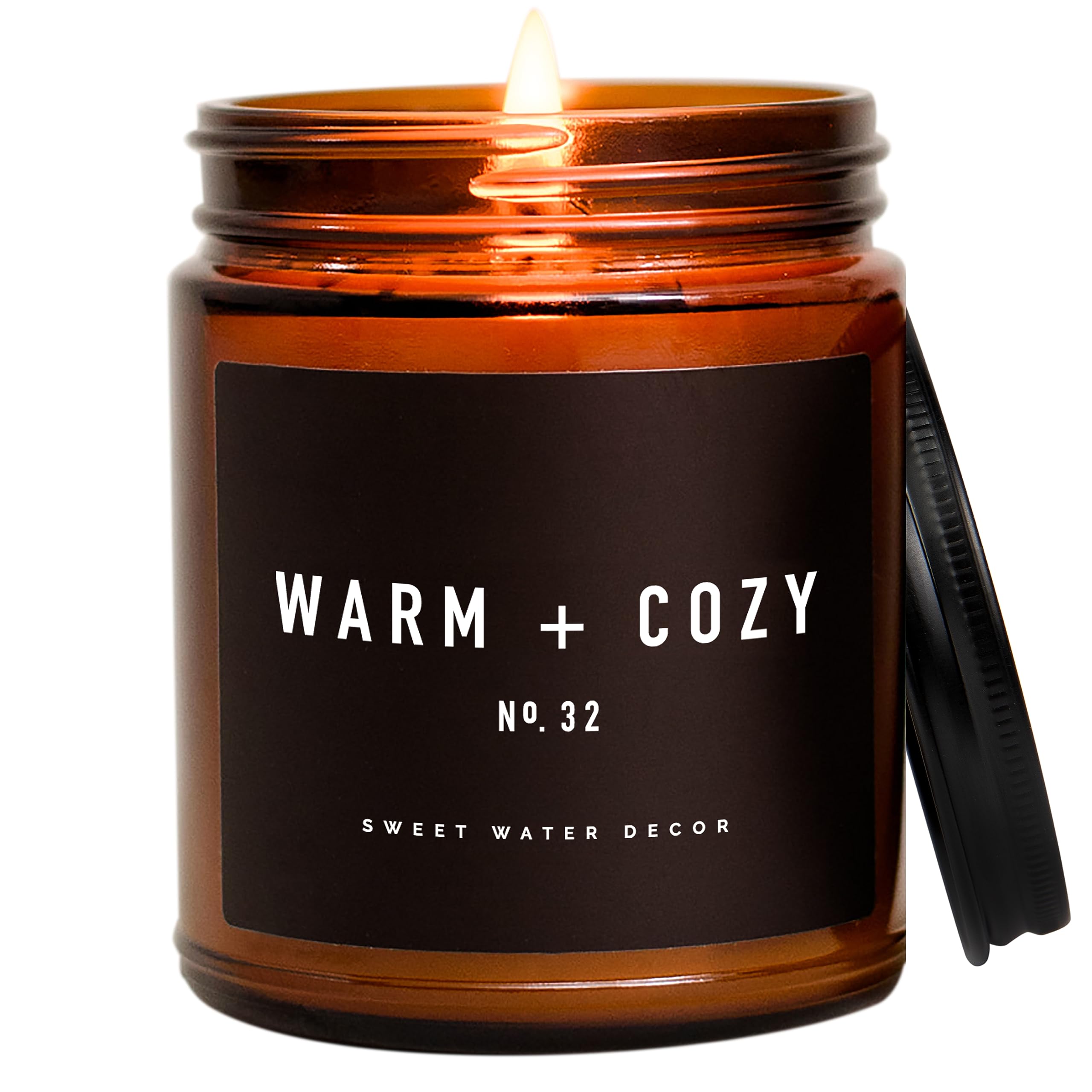 Sweet Water Decor Warm and Cozy Soy Candle - Orange Peel, Cinnamon, Ginger and Clove Scented Candles for Home - 9oz Amber Jar + Black Lid, 40+ Hour Burn Time, Made in The USA