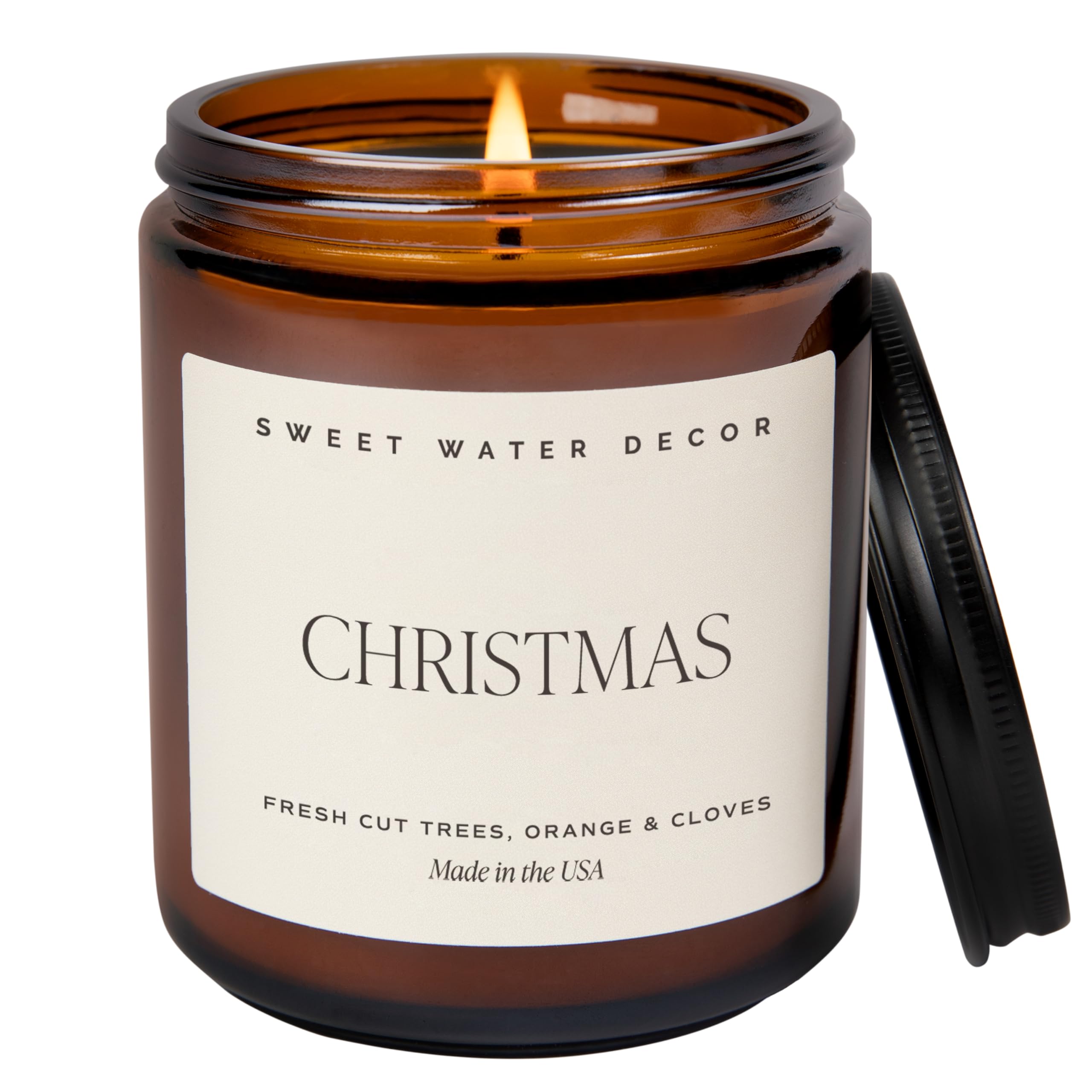 Sweet Water Decor Warm and Cozy Soy Candle - Orange Peel, Cinnamon, Ginger and Clove Scented Candles for Home - 9oz Amber Jar + Black Lid, 40+ Hour Burn Time, Made in The USA